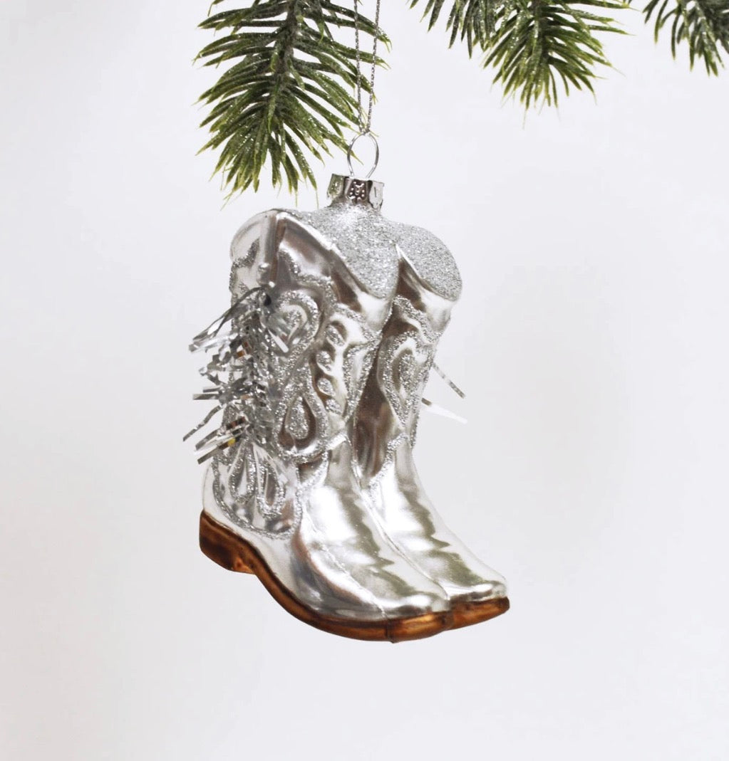 Silver Cowboy Boots Glass Ornament